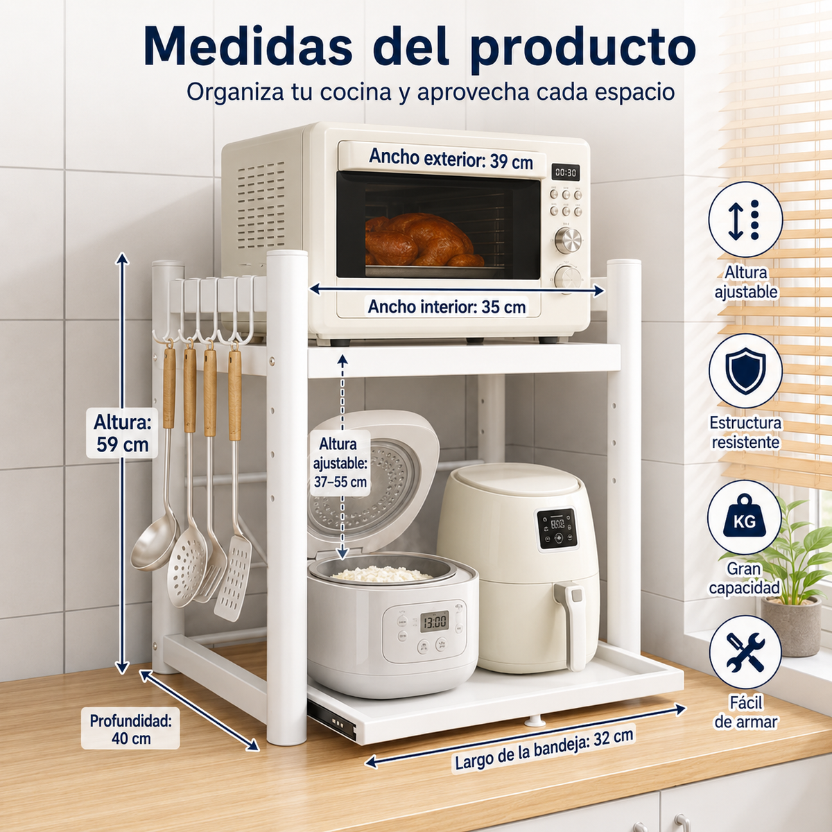 Estante Ajustable para Microondas · Bandeja Deslizante