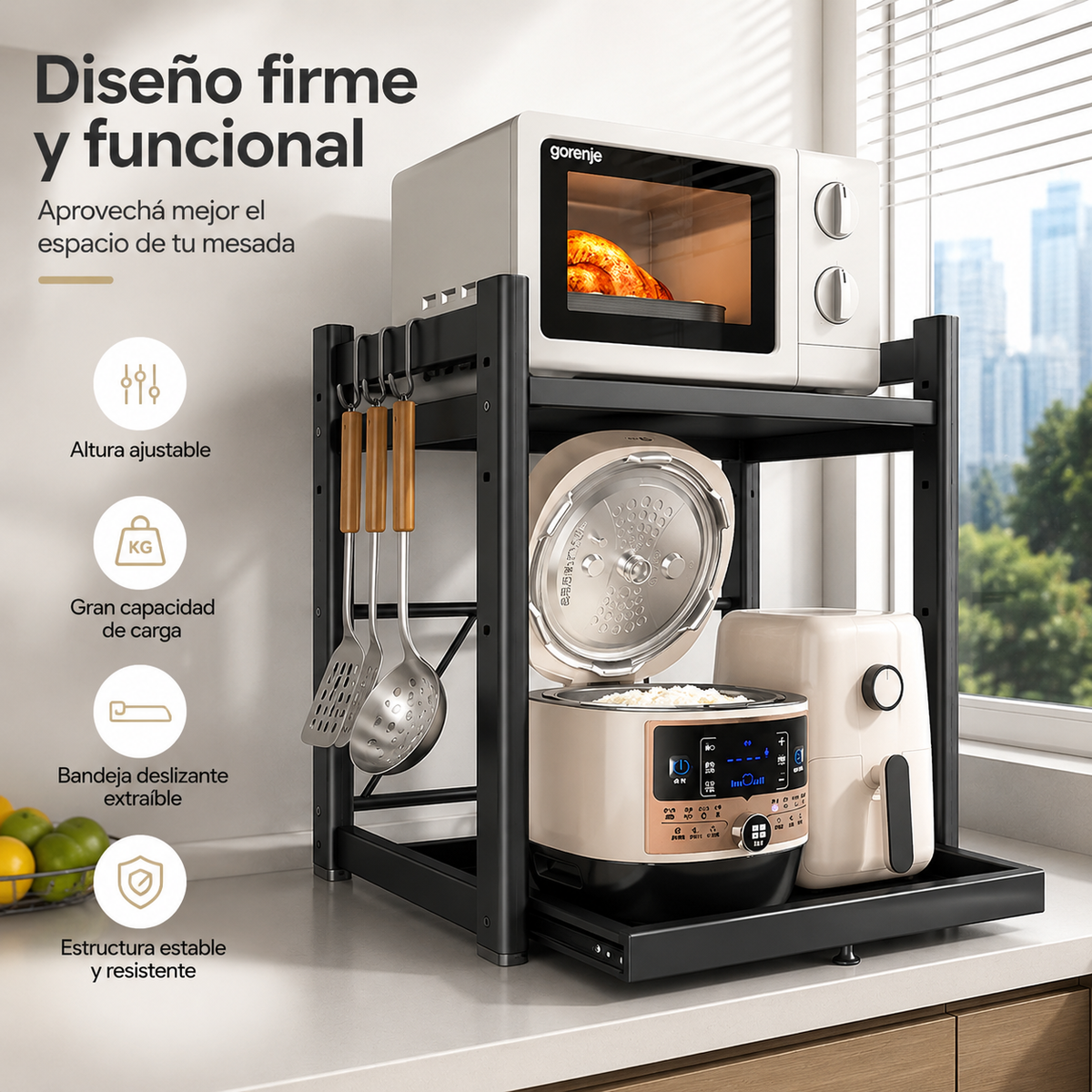 Estante Ajustable para Microondas · Bandeja Deslizante